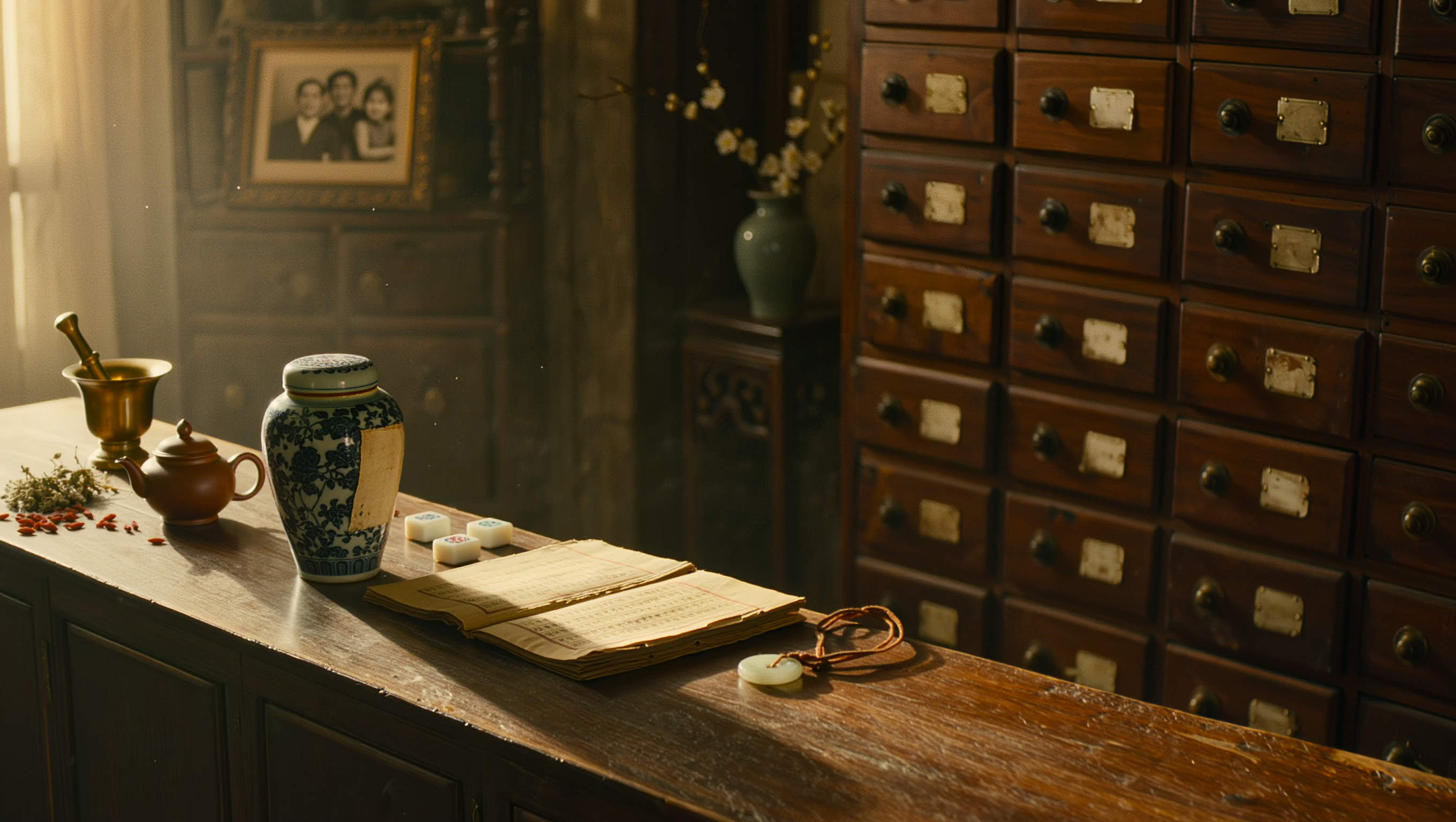 Joy Luck Clinic apothecary — heritage Traditional Chinese Medicine setting with recipe journal, tea set, jade and plum blossom